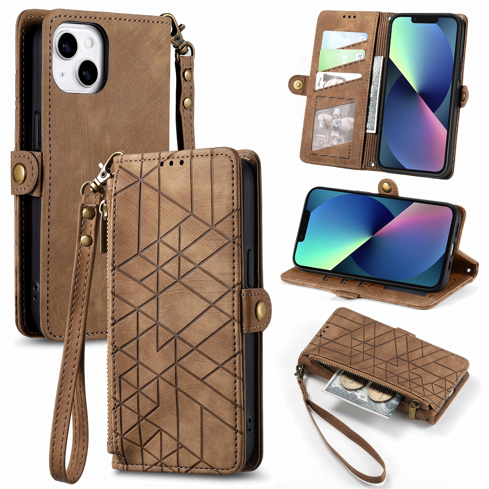 Zipper Pocket Leather Phone Case for iPhone 13 Stand Geometry Imprinted Phone Wallet Cover Zipper Pocket Leather Phone Case for iPhone 13 Stand Geometry Imprinted Phone Wallet Cover